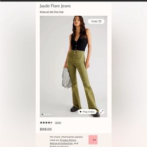 Jayde Flare Jeans - Free People Size 25 - Excellent Condition - Olive Drab